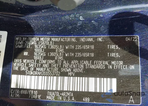 2025 Toyota Highlander Xle из США, поврежденный, VIN 5TDKDRAH3SS553702